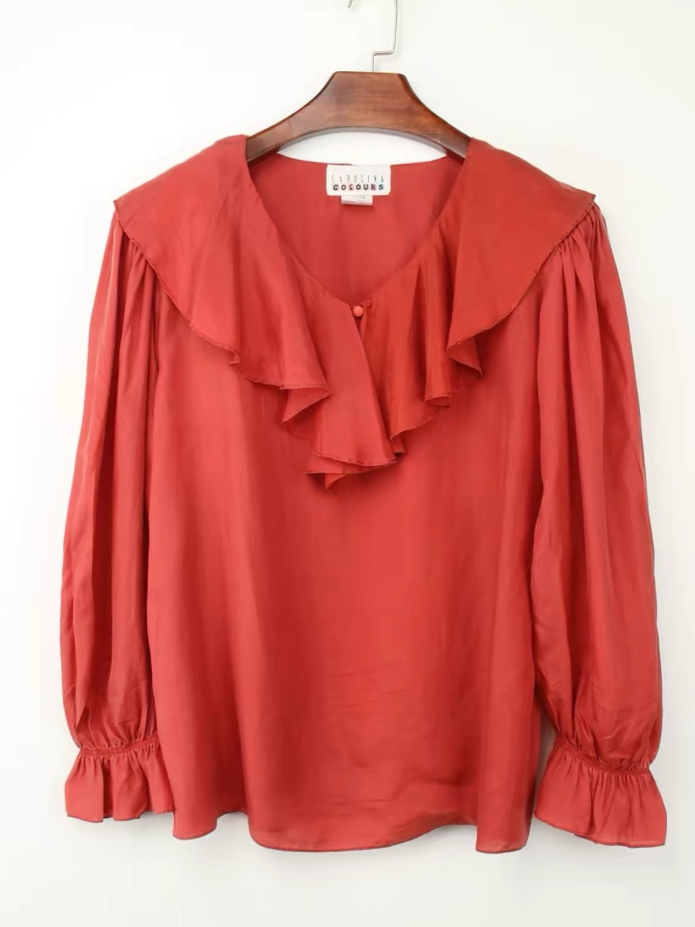 Vintage Carolina Colours 100% Silk Coral Ruffle Blouse Size L